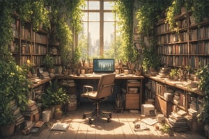 In a meticulously crafted anime-inspired scene, an ink outline shines with fine detail rendering. The room's atmosphere is cozy, illuminated by soft natural light streaming through the window at the back of the space. A man's sanctuary lies before us, where a desk overflows with scattered laptop, smartphone, books, writing materials, documents, and mugs. A chair with casters sits askew, as if abandoned mid-use. Cramped bookshelves burst with tomes of varying sizes, while houseplants add verdant touches. Piles of books sprawl across the floor, creating a sense of dynamic disarray. Every element, from the desk's worn wood grain to the subtle texture of the chair's upholstery, is rendered in ultra-detailed clarity, inviting viewers into this intimate space.