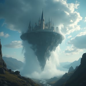 A cinematic, ultra-high-definition 8K shot of a majestic upside-down castle emerging from thick, swirling clouds, its towers and walls pointing downwards towards the Earth. The base of the castle is shrouded in ethereal mist, suspended in the sky. Beams of light break through the clouds, casting dramatic shadows onto the inverted structure. The grand scale of the castle contrasts against the expansive sky, evoking a sense of fantasy and awe. The detailed, realistic depiction is set in a wilderness backdrop, with rugged terrain and distant mountains visible below.