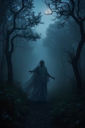 A dark, misty forest at dusk, with twisted tree branches resembling skeletal fingers reaching towards the sky. A phantom figure, shrouded in eerie fog, emerges from the shadows, its ethereal form eerily illuminated by a faint crescent moon. The atmosphere is heavy with an otherworldly presence, as if reality is about to unravel. The scene is framed with a wide shot, capturing the dense forest and the phantom's ghostly appearance, under dim, moonlit conditions.