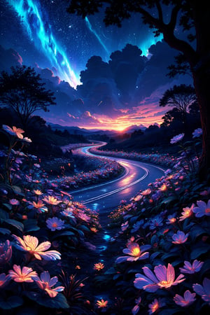 Capture the whimsical essence of a fantasy world at dusk, where the blight air is alive with cozy warmth. In a Ghibli-inspired photography style, frame a serene road winding through a lush landscape of intricately detailed, glowing bioluminescent plants. As the sun sets, aurora lights dance across the horizon, casting a kaleidoscope of colors on the ground. Glass stars scatter across the scene, adding a touch of magic to the atmosphere. The camera's gaze is angled dynamically, showcasing the textured beauty of the environment. In the foreground, a subtle depth of field highlights the delicate details of the glowing plants, as if they're radiating an otherworldly energy.