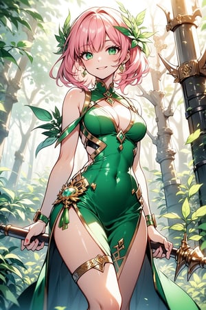 4K, 1 young woman, 20 years old , solo, green eyes, short pink hair, slender body, perfect brasts, smile, green one-piece dress,  wood scepter, Plants, leaf, green magic circle, forest