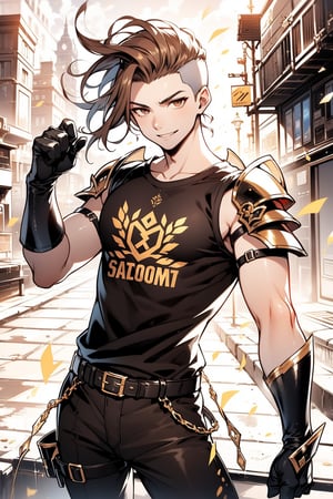 4K, 1 young man, fighter, solo, brown eyes, light brown hair, undercut very short hair, smile, slender body, black Slim Fit Sleeveless T-shirt, brown iron armor,iron gloves, steam, headband, desert