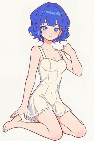 1girl, solo, curly short hair, simple_background, withe_background, medium breasts, vioket_eyes, dar blue_hair, no shoes, short dress ,Unun_girl 