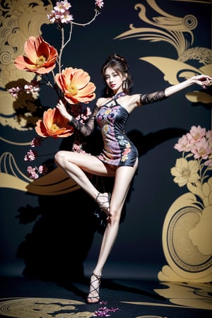 (masterpiece, top quality, best quality, official art, beautiful and aesthetic:1.2), (Tzuyu:1.3), extremely detailed,(fractal art:1.1),(colorful:1.1)(flowers:1.3),highest detailed,(zentangle:1.2), (dynamic pose), (abstract background:1.3), (deep slit cutout)(chinese dress:1.2), (shiny skin), (many colors:1.4), ,(earrings:1.4), perfect light, ((full body pose)), ((sexy pose))