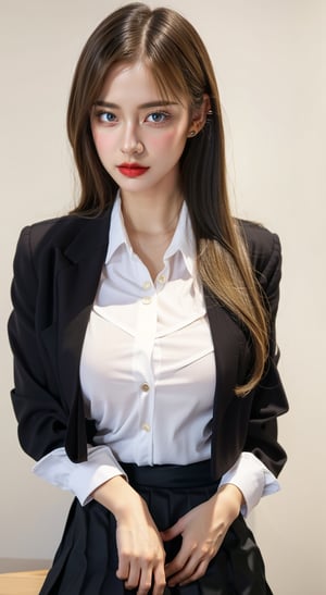 mature sexy Euro-American, mixed American-European girl named lora_claire, blonde long smooth hair, she is an office lady working in Google company, she wears full office lady sexy uniform (((white collar shirt with black blazer jacket))), (((black blazer:1.3, black blazer jacket))) with kpop (((half-skirt:1.5))), typically known as skort, which is a clothing fusion made up of skirt and shorts, hands on waist, imagine she is explaining her tasks in front of her boss in a office meeting room