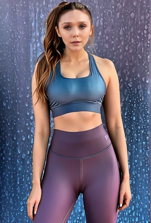 Extremely Realistic, 1girl, solo, beautiful woman, sexy woman, (((elizabeth olsen, brown hair, long hair, beautiful and detailed eyes, ((hairtie, ponytail)), full body, ((she wears sports bra and yoga pants in full body shot)), ((elizabeth olsen wears Cameltoe, cameltoe pussy in full body shot)), front_view))), facing_viewer, looking_at_viewer, gigantic_breast, cosplay photo, full body, tight_outfit, wet clothes, black pants, high-waist pants, leggings, tight pants, ass focus, show ass, cum_filled, cum on face, cum on body, cum on clothing