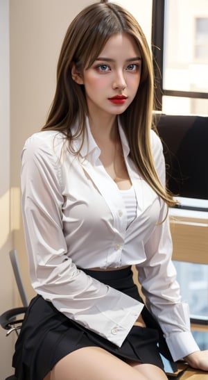 mature sexy Euro-American, mixed American-European girl named lora_claire, blonde long smooth hair, she is an office lady working in Google company, she wears full office lady sexy uniform (((white collar shirt))), (((black blazer:1.3))) with kpop (((half-skirt:1.4))), typically known as skort, which is a clothing fusion made up of skirt and shorts, hands on waist, imagine she is explaining her tasks in front of her boss in a office meeting room