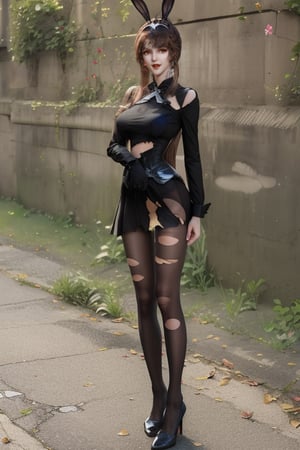 1girl, animal ears, rabbit ears, dress, solo, ponytail, open_mouth, miniskirt, brown hair, hair ornament, mischevious smile, ((ripped pantyhose)), torn pantyhose, (torn black pantyhose:1.2), slender legs, (long_legs:1.2), Nice legs and hot body