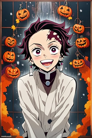 Kamado Tanjiro stands amidst a spooky autumn backdrop, surrounded by cobweb-covered lanterns and jack-o'-lanterns aglow. The demon slayer's eyes gleam with excitement as he holds a handmade 'Happy Halloween' sign, adorned with glittering ornaments that cast a warm, orange glow. A shower of artificial snowflakes surrounds him, adding to the whimsical atmosphere.