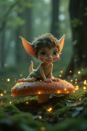 A whimsical CGI 3D animation visual of a delicate elf perching on a moss-covered mushroom, surrounded by twinkling fairy lights. The camera zooms in on the elf's intricate features, showcasing a mischievous grin and piercing green eyes. Soft, warm lighting casts a gentle glow, highlighting the elf's ethereal aura as it gazes out at the misty forest landscape.