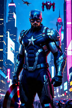 A futuristic cityscape looms in the background as Captain America dons a sleek cyborg suit, its metallic plating reflecting the bright neon lights. The Star-Spangled Man with a Plan stands tall, his mechanical enhancements and shield at the ready, amidst a backdrop of towering skyscrapers and flying mechas soaring through the sky.