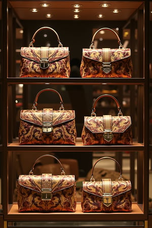 A luxurious display case in a high-end store, showcasing a variety of exotic, batik-patterned bags in different shapes and sizes. Ultra-high detailed, 8k resolution, with perfect lighting highlighting the elegant and intricate designs. The bags are arranged in a visually appealing manner, each one meticulously detailed, capturing the luxurious and exotic essence of the batik patterns. The scene is well-lit, emphasizing the opulence and elegance of the display.