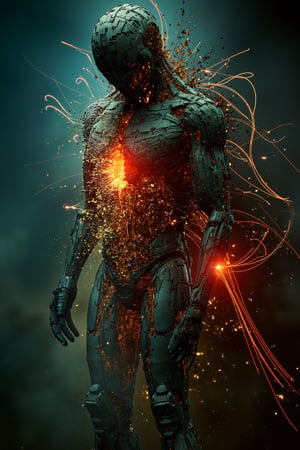 A haunting editorial photograph of a cyber scarecrow disintegrating into a cascade of electrons amidst intricate neon-lit circuitry. The Auger-Meitner effect unfolds with atomic visualization, glowing particle trails illuminating the scene. Volumetric lighting casts depth and drama, while Dutch light adds dramatic flair. Natural textures blend seamlessly with futuristic ambiance, as electrons swirl like wispy fog around the crumbling scarecrow's mechanical form, surrounded by a halo of radiant circuitry. The composition is dynamic, focusing on the interplay of light and shadow, and the mesmerizing dance of electrons.