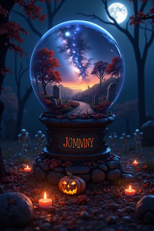 An ultra high detailed, 8K, realistic fantasy image of a cemetery with TOMBSTONE-marked graves. A glowing crystal ball contains an autumn forest, river, and a sky filled with a galaxy and a bright full moon. Nearby, pumpkin-shaped candles and skeletons are placed, creating an eerie yet enchanting atmosphere. The scene is meticulously detailed, with soft lighting enhancing the mystical elements.