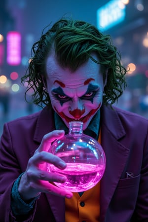 An 8K image of the Joker holding a neon-glowing potion, rendered in realistic CG with a cinematic, fantasy style. The scene is vibrant with neon lights, capturing the Joker's sinister yet captivating presence, and the mysterious, glowing potion in his hand.