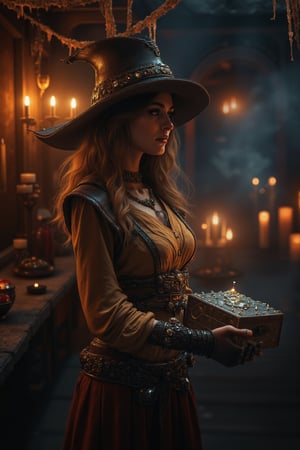 A mystical bounty hunter stands tall in a dimly lit tavern, surrounded by flickering candles and dusty cobwebs. The air is thick with the scent of old leather and smoke as she holds a small, intricately carved box adorned with sparkling gemstones. Her eyes gleam with determination beneath the brim of her worn hat, casting a realistic fantasy cinematic glow.