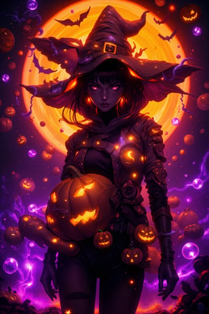 A stunning cyborg girl stands alone, surrounded by a mesmerizing fusion of Halloween and jack-o-lantern elements. She dons a pumpkin shield adorned with intricate jack-o-lantern designs, amidst a backdrop of vibrant orange, purple, and black hues. Candy and pumpkin accents harmonize seamlessly, as transparent purple overlay adds an air of mystique. This masterpiece showcases iconic Halloween decorations in photorealistic detail, achieved through 8K high-resolution rendering. Every aspect, from the witch's gaze to the pumpkin's texture, is ultra-detailed and realistic, making this artwork a true HDR and UHD marvel.