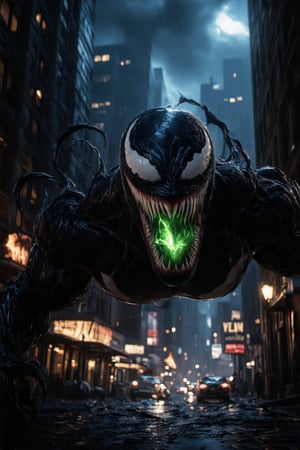 Venom's grotesque face fills the frame, illuminated by a dim streetlight casting eerie shadows on his scaly skin. Green eyes glow with an otherworldly intensity as he sneers, revealing razor-sharp fangs. The dark cityscape looms in the background, shrouded in darkness, while Venom's twisted pose seems to defy gravity. Fire crackles in the distance, adding a sense of foreboding to this creepy masterpiece.