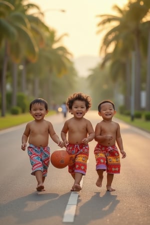 An ultra high detailed, 8K image of three chubby, cute Indonesian 5-year-old children, wearing colorful batik-patterned shorts, walking together, returning from play with a ball. It's late afternoon, with coconut trees by the roadside. They laugh happily, their joyful expressions and the serene setting captured in a warm, golden light. The shot is framed in a wide, distant view.