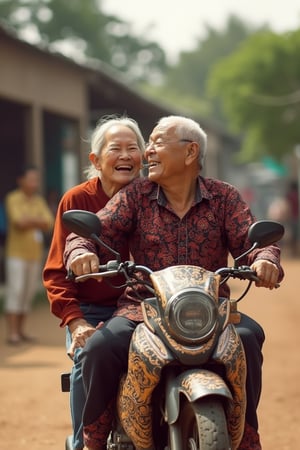 An ultra high detailed, 8K image of an elderly couple, aged 70, riding a batik-patterned motorcycle through a village. They laugh happily, their joyful expressions and the vibrant surroundings captured in the warm, natural light. The scene highlights the lively atmosphere of the rural setting.