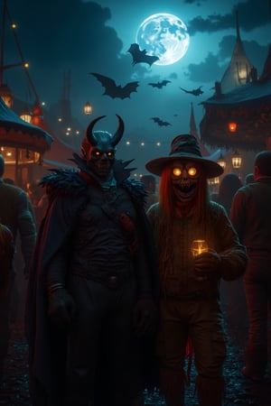 8K UHD image, Oktoberfest celebration under a full moon. A masked vampire and a scarecrow stand amidst the festivities, their costumes blending with the lively crowd. The vampire's mask is intricately detailed, with sharp fangs and glowing eyes, while the scarecrow's outfit is adorned with straw and patches. The full moon casts an eerie glow over the scene, highlighting the contrast between the festive atmosphere and the mysterious presence of the two characters. The composition captures the vibrant colors of Oktoberfest, with beer tents, traditional costumes, and lively music, while the vampire and scarecrow add an element of intrigue and mystery.