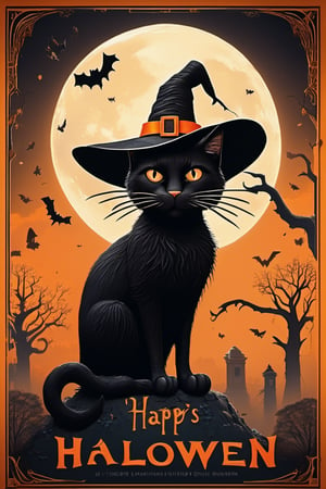 A dark, misty night setting with a faint full moon casting an eerie glow. A sleek black cat, wearing a pointy witch's hat and a mischievous grin, holds a piece of paper in its paw. The paper is adorned with bold, orange letters reading 'Halloween 2024'. The cat's eyes sparkle with magic as it sits atop a crumbling stone tombstone, surrounded by twisted cypress trees and overgrown vines.