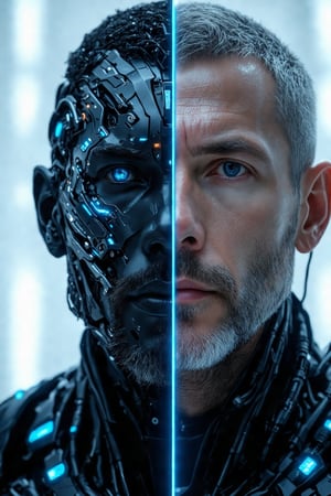 Close-up shot of a cyborg man's face, with a striking fusion of human and robotic features. The left half of his face is covered in intricate, high-detailed robot textures, complete with glowing blue circuitry and metallic sheen. The right half remains distinctly human, showcasing soft, pale skin and subtle facial expressions. The contrast between the two halves creates a captivating visual tension.