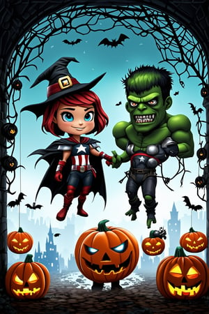 A group of chibi Avengers, including Iron Man, Captain America, Black Widow, Thor, and Hulk, dressed in Halloween costumes, pose amidst a spooky Halloween-themed backdrop. The scene is framed by cobweb-covered archways and dimly lit jack-o'-lanterns. Iron Man's suit is decorated with glowing orange and black stripes, while Captain America donned a vampire cape. Black Widow wears a witch's hat and Thor sports a Frankenstein monster-inspired getup. Hulk is dressed as a giant pumpkin, complete with vines and a carved-in smile. The scene is set amidst a flurry of Halloween ornaments, including fake spiders, bats, and rats, adding to the festive atmosphere.