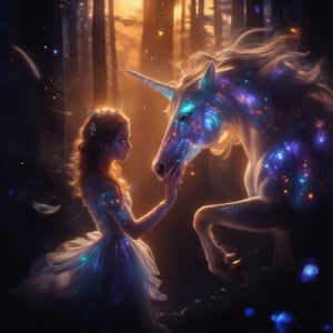 Whispering Forest Twilight: A surreal 8K image featuring a mystical scene where a blonde-haired maiden in an ethereal white gown, embroidered with deep blues and silvers, stands amidst a golden-lit forest. Her eyes radiate a soft luminescence as she reaches out to touch the horn of a majestic unicorn, its snowy coat glistening and horns shimmering in a kaleidoscope of colors. The atmosphere is alive with tiny sprites of light fluttering around them. The camera pans slowly between the girl and the unicorn, highlighting their intimate connection. In the background, the silhouette of a dark forest adds depth, while the warm orange glow of sunset envelops the duo, crafting a whimsical world for just these two.