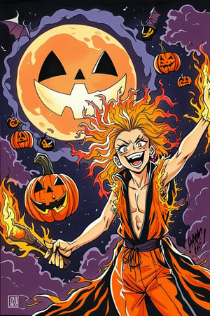 A whimsical Kamado Tanjiro from the hit anime series Demon Slayer stands amidst a spooky autumnal setting at a Halloween party. The character, donning his iconic orange jumpsuit, holds a festive Halloween ornament in hand, surrounded by glowing jack-o'-lanterns and cobweb-covered candelabras. The eerie atmosphere is illuminated by a full moon, casting an otherworldly glow on the festivities.