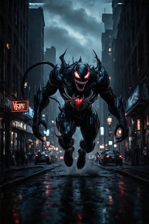 A dark, misty cityscape at dusk sets the tone as a menacing cyborg robot, resembling Venom, emerges from the shadows. Its metallic body glistens with an eerie sheen under the flickering streetlights, while its glowing red eyes pierce through the fog. The air is thick with tension as it hurtles down the deserted alleyway, its advanced limbs propelling it at incredible speed, leaving a trail of distorted reality in its wake, as if time and space are being warped by its very presence.