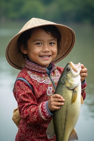 An ultra high detailed, 8K image of a 6-year-old child wearing a batik-patterned hat, proudly carrying a large fish, with a happy expression. The scene is set by the riverbank, capturing the serene natural setting and the child's joyful moment in the soft, natural light.