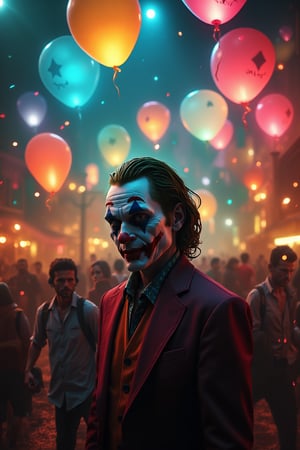 A highly detailed 8K realistic image of the Joker at Oktoberfest, surrounded by floating balloons. The scene is vibrant and chaotic, with the Joker's iconic makeup and costume contrasting against the festive backdrop. The balloons are supernatural, glowing with an eerie light. The lighting is dynamic, capturing the energy of the festival and the Joker's sinister presence. The composition is balanced, with the Joker in the foreground and the balloons floating around him. The overall atmosphere is surreal and unsettling, blending the festive and the supernatural.