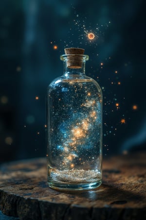 A clear glass potion bottle sits atop a darkened room's wooden table, illuminated by soft, ethereal light. The potion's contents reveal a breathtaking celestial scene: swirling galaxies, shimmering planets, and stars twinkling like diamonds against a deep blue-black canvas. A tiny, luminous sprite flits about the bottle's rim, leaving trails of glittering sparks in its wake. UHD resolution captures every detail, from the delicate glass curves to the whimsical sprite's mischievous antics.