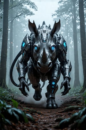 A futuristic rhino cyborg emerges from a misty forest clearing, its metallic body glistening in the soft morning light. The camera frames the creature's powerful build and glowing blue eyes as it stands amidst towering trees, their leafy canopies swaying gently in the breeze. The cyborg's rugged texture and glowing blue accents contrast with the natural surroundings, creating a captivating fusion of organic and synthetic elements.