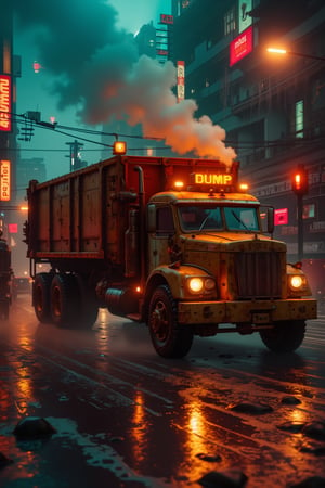 8K UHD image, a futuristic cityscape bathed in a dim orange glow, with rain-soaked streets reflecting neon lights of cyberpunk architecture. Amidst this dystopian backdrop, a steampunk garbage truck emerges, its DUMP signal beaconing atop a latticework of copper pipes and brass fixtures. The vehicle's rusty exterior gleams with an oily sheen, while steam hisses from vents, misting the air. Voluminous rain effects dance across the frame, accentuating the gritty atmosphere as the truck rumbles forward, its cybernetic augmentations glistening in the flickering light.