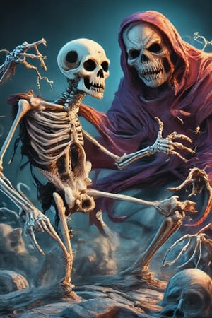 A comic book-style illustration of a superhero skeleton fighting a villainous phantom.