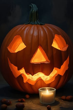 A highly detailed, hyperrealistic painting of a pumpkin with a carved face, lit from within by a candle.