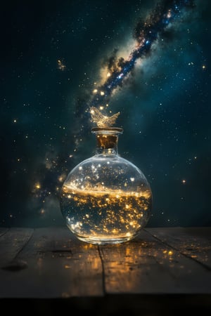 A clear glass potion bottle sits atop a darkened room's wooden table, illuminated by soft, ethereal light. The potion's contents reveal a breathtaking celestial scene: swirling galaxies, shimmering planets, and stars twinkling like diamonds against a deep blue-black canvas. A tiny, luminous sprite flits about the bottle's rim, leaving trails of glittering sparks in its wake. UHD resolution captures every detail, from the delicate glass curves to the whimsical sprite's mischievous antics.