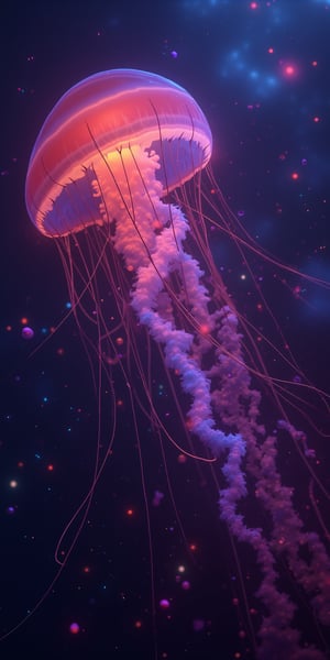 8K UHD realistic photography masterpiece, a mesmerizing, otherworldly jellyfish suspended in mid-air. Its slender, extraterrestrial-like tentacles stretch out like celestial fingers, illuminated by a soft, lucent glow. A kaleidoscope of colors dance across its body, including iridescent blues and purples, vibrant oranges, and shimmering silvers. The sparse use of color creates an air of mystique, as if the jellyfish has traveled from the depths of space to share its secrets.