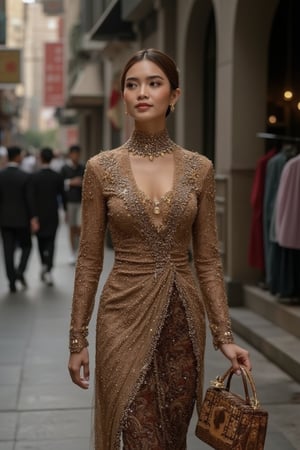 A stunning Indonesian woman elegantly walking through a bustling street, wearing a modern and luxurious kebaya dress, adorned with fine jewelry and a lavish handbag. She is graceful and beautiful, captured in ultra-high detail with perfect lighting, in an 8K resolution, showcasing her elegance and the vibrant surroundings.