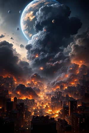 8K UHD image, realistic depiction of Armageddon, apocalyptic scene with massive destruction, crumbling buildings, fiery explosions, dark smoke filling the sky, chaotic atmosphere, dynamic composition, focused on the intense action and devastation, immersive environment blending urban, celestial, and catastrophic elements.