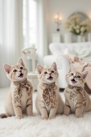 Three cute cats wearing batik-patterned ribbons around their necks, posing amusingly in a luxurious white-themed home. Ultra-high detailed, 8k resolution, capturing their playful expressions and the intricate batik designs on the ribbons. The scene is set in a lavish, white-colored interior, with the cats in the center, framed by elegant furnishings, showcasing their charming and humorous poses.