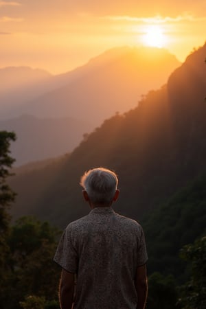 An ultra high detailed, 8K image of a stunning mountain landscape at sunset, with the sun setting behind the peaks, casting a warm glow over dense trees. In the distance, an elderly man, aged 60, wearing a batik-patterned shirt, gazes at the sunset. The serene scene captures the natural beauty and the man's contemplative expression, framed by the golden light of the setting sun, in a wide, distant view.