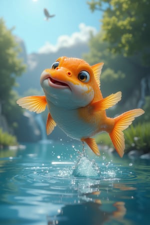 8K UHD realistic image of a cute fish jumping from water, droplets sparkling in the sunlight, creating a playful splash. The fish has large, expressive eyes and a cheerful, animated expression. The background features a serene, clear blue body of water with gentle ripples, surrounded by lush greenery and a bright, sunny sky. The composition captures the fish mid-air, frozen in a moment of joy and freedom.