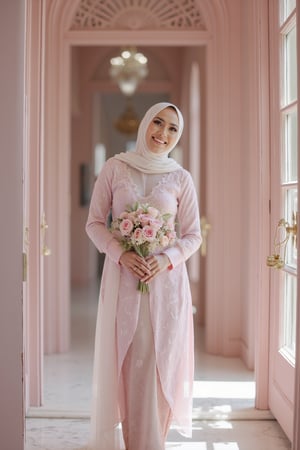 A radiant bride in a pristine white kebaya with a matching hijab stands joyfully in a lavish pink-themed mansion. She holds a bouquet of pink flowers, smiling blissfully. Ultra-high detailed, 8k resolution. The scene is framed with elegant decor and soft lighting, capturing her enchanting beauty and the luxurious setting.