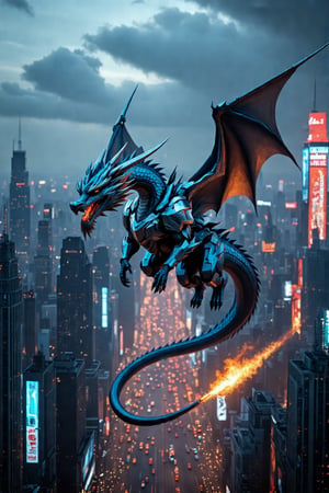 A majestic flying dragon soars through a bustling metropolis, its serpentine body encased in a futuristic Mecha robot exoskeleton. The armor's metallic sheen reflects the city lights as it banks and turns, its wings beating powerfully against the urban sky. Tall skyscrapers and neon-lit billboards blur together in the background, as the dragon's fiery breath illuminates the darkening clouds. 8K UHD, ultra high texture, realistic, masterpiece