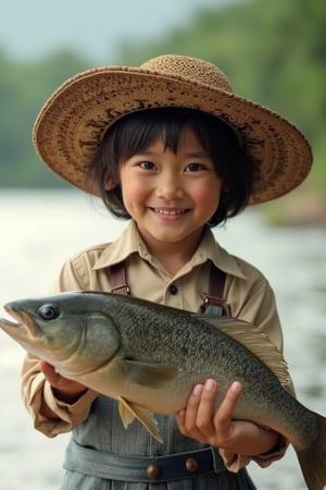 An ultra high detailed, 8K image of a 6-year-old child wearing a batik-patterned hat, proudly carrying a large fish, with a happy expression. The scene is set by the riverbank, capturing the serene natural setting and the child's joyful moment in the soft, natural light.