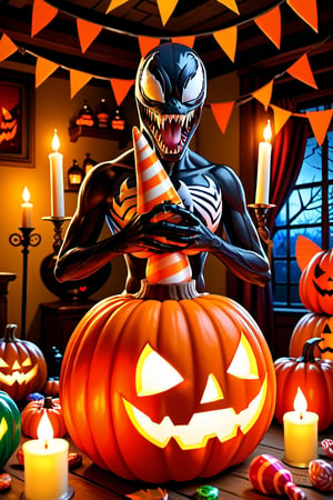 A spooky-chibi Venom Symbiote sits atop a vibrant orange pumpkin, surrounded by flickering candles and dry leaves, at a whimsical Halloween party. The Symbiote's tendrils wrap around the pumpkin's stem, as if embracing the festive decor. A miniature spider web adorns the nearby cauldron, filled with candy corn and jack-o'-lanterns.