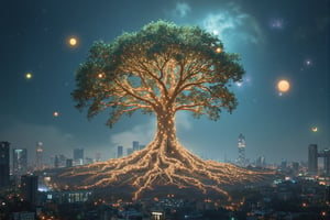 A 4K, realistic fantasy image of a majestic Pohon dunia semesta (Tree of the Universe) with intricate, glowing roots extending into a cosmic landscape. The tree's branches are adorned with shimmering, otherworldly leaves, and celestial bodies float around it. The scene is bathed in soft, ethereal light, with a wide shot capturing the awe-inspiring scale and mystical atmosphere.